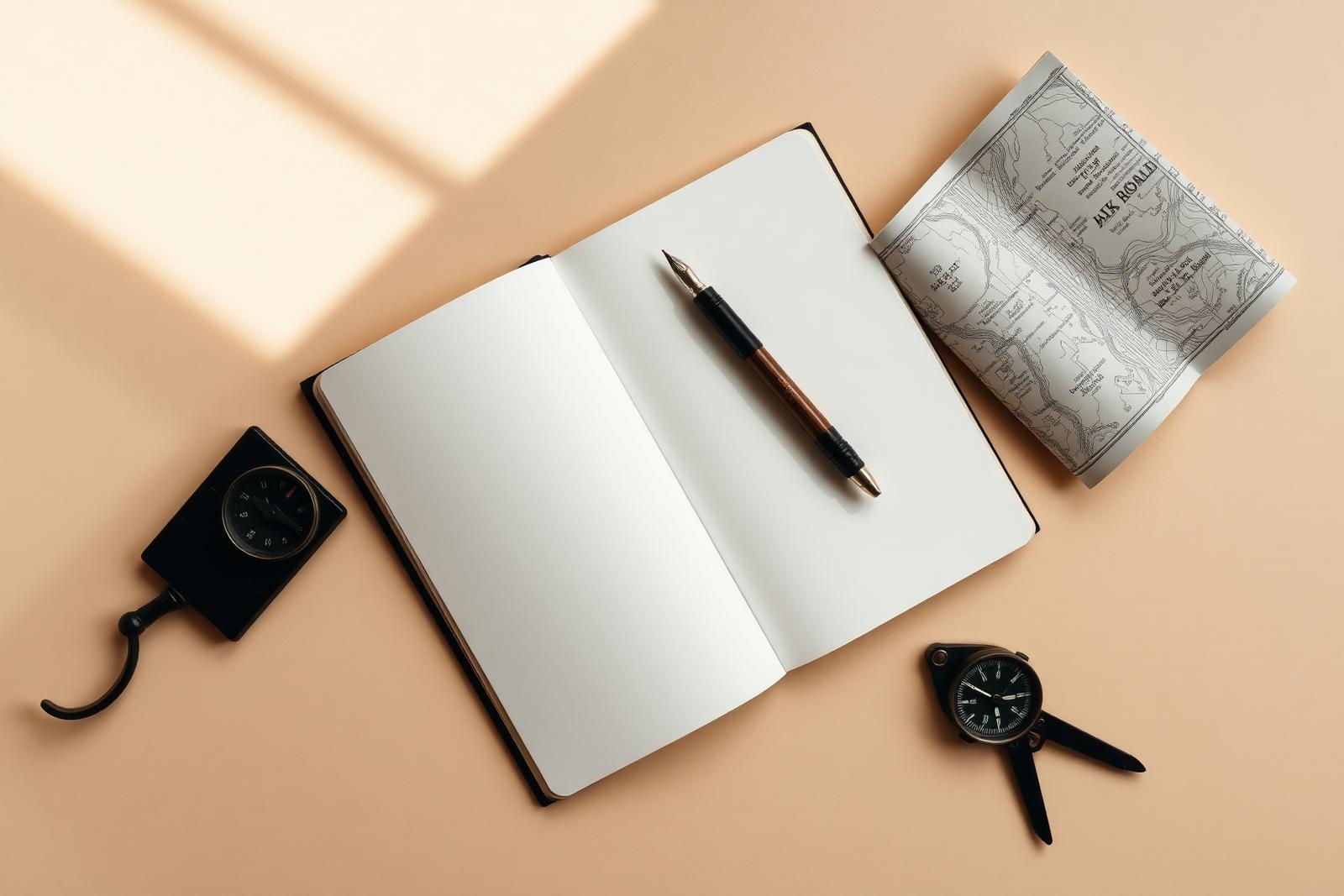 An open notebook with a fountain pen and a folded map