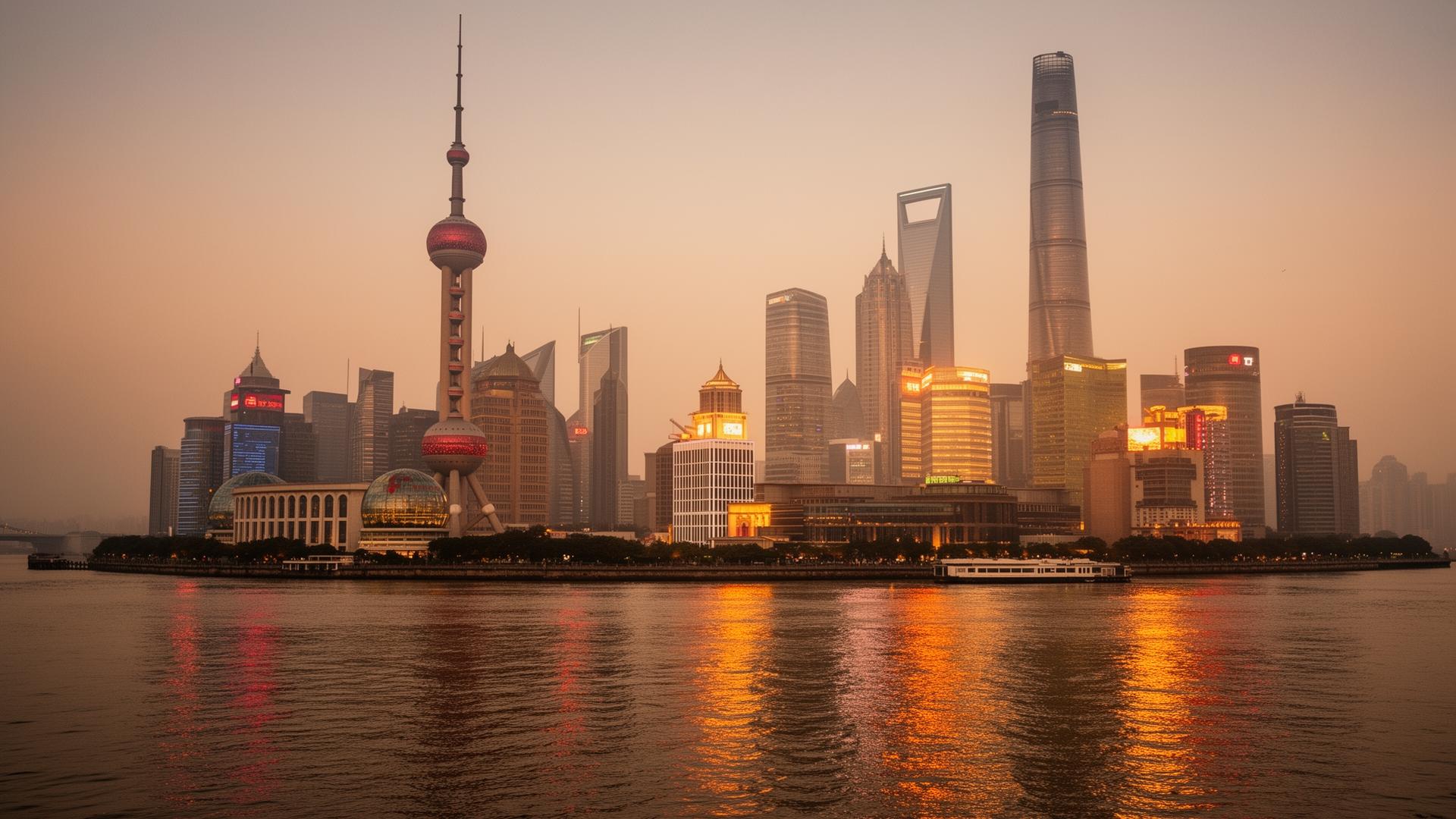The Shanghai skyline at dusk, viewed across the Huangpu River from the Bund
