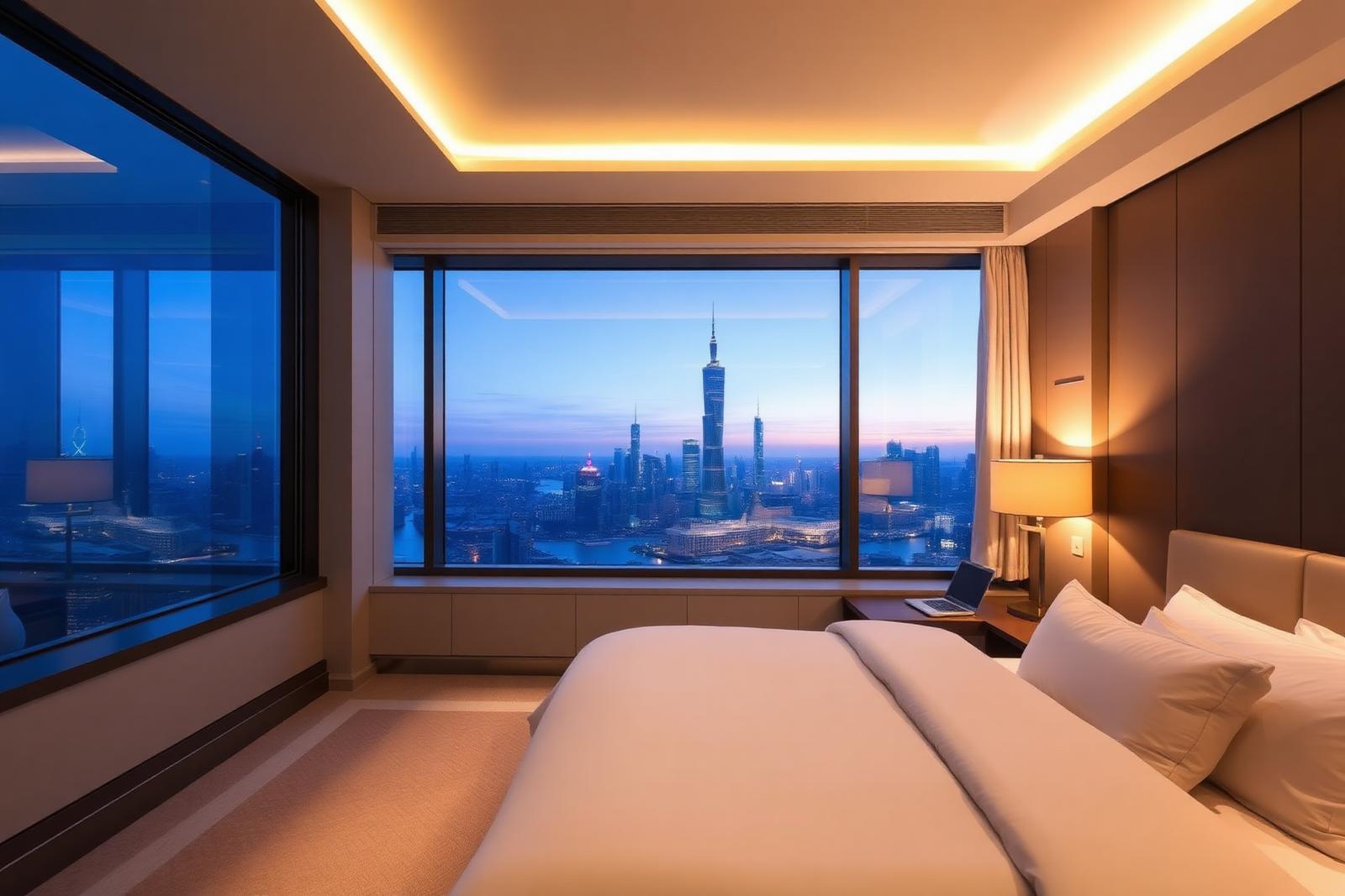 A modern Shanghai hotel room overlooking the city at blue hour