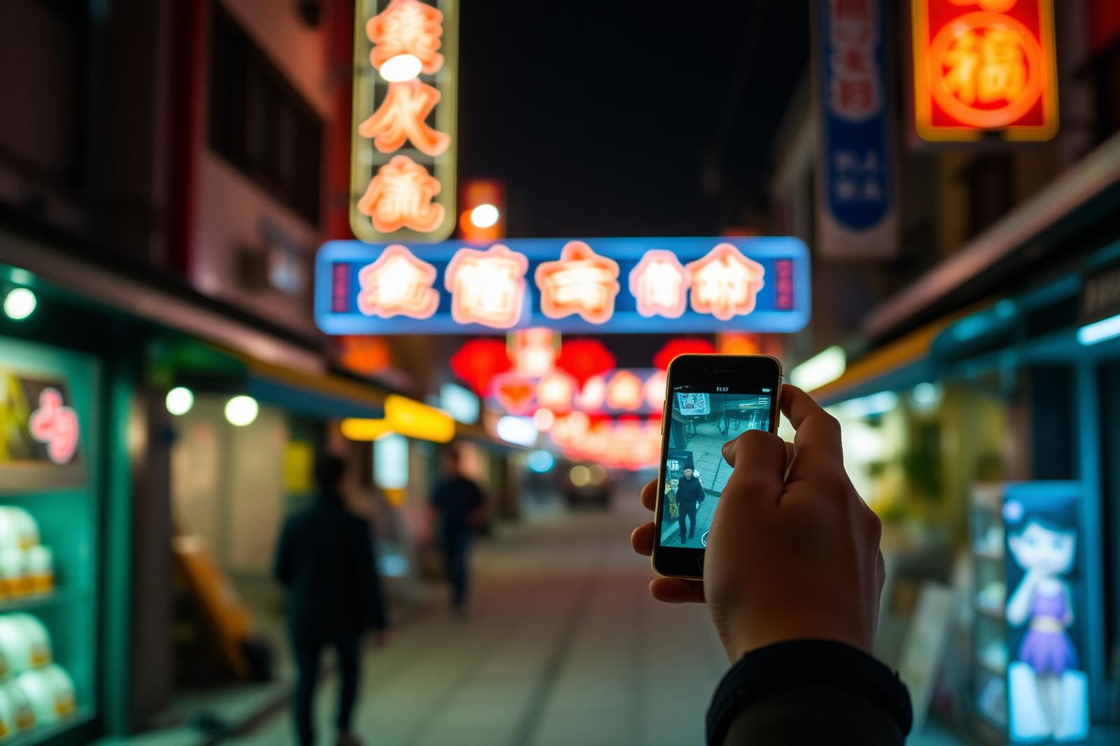 A hand holding a smartphone on a Chinese street at night