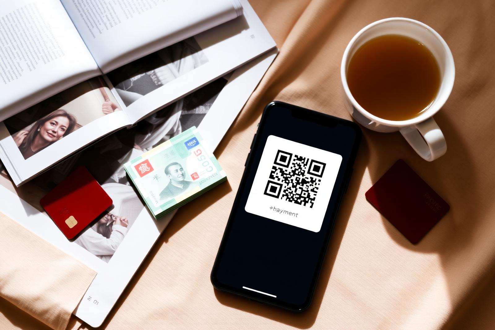A smartphone showing a payment QR code beside Chinese yuan and a credit card